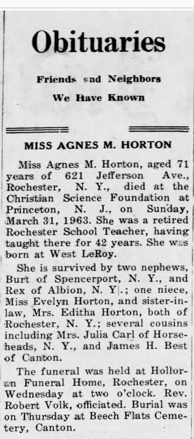 Clipping of Agnes Horton's obituary