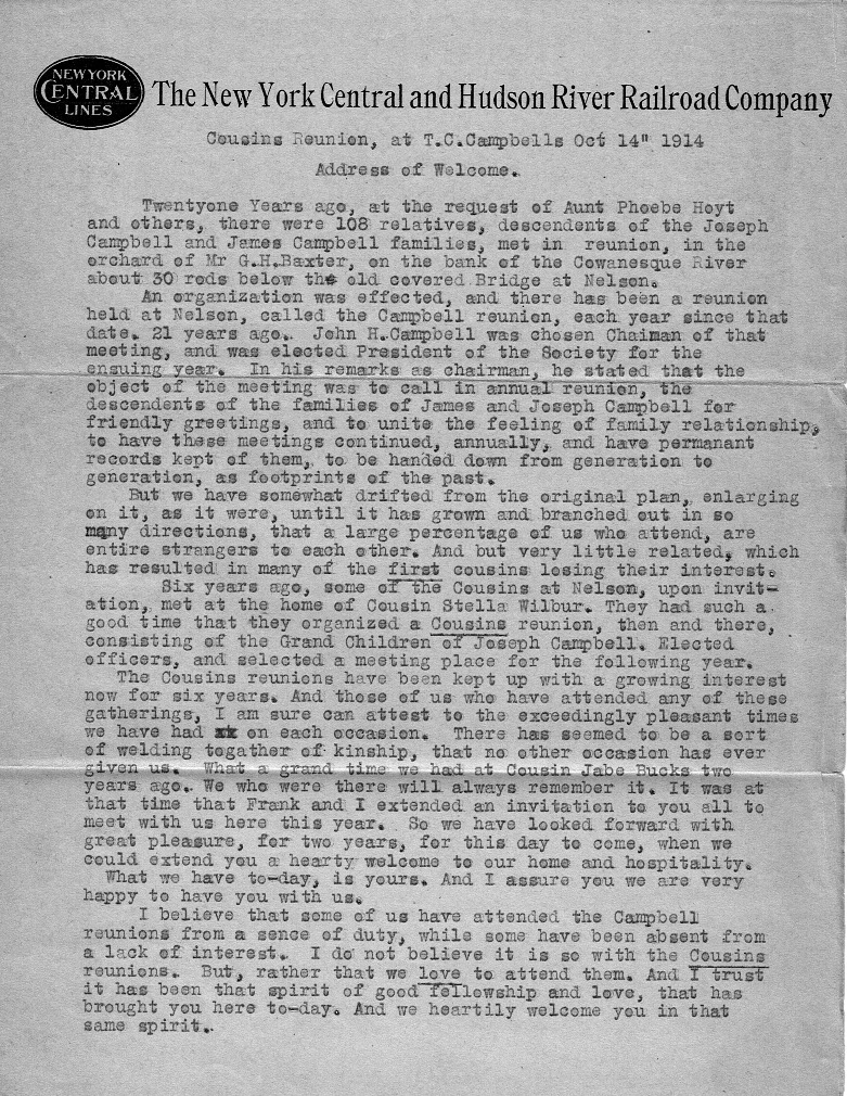 Tommie Campbell Welcoming Spech -- 1914 Campbell Cousins Dinner, page 1