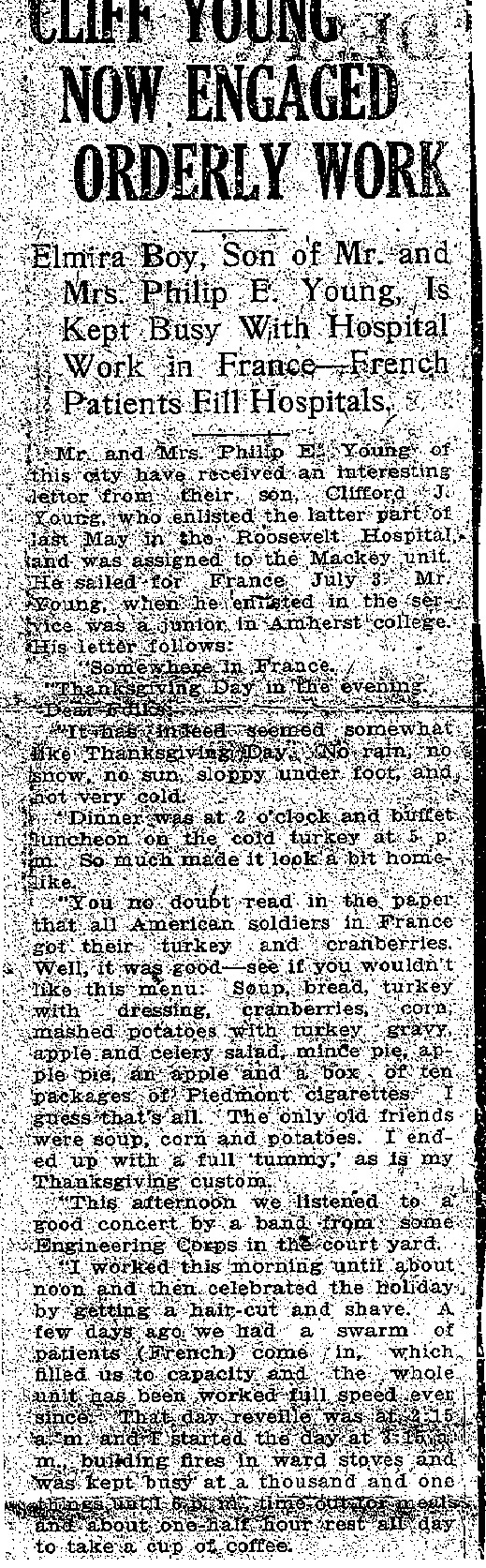 Image of part one of a 1917 news clip about Clifford J. Young in France